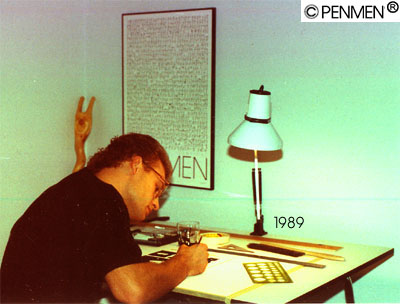 Gary Blehm creating a pantomime comic strip named PENMEN in 1989